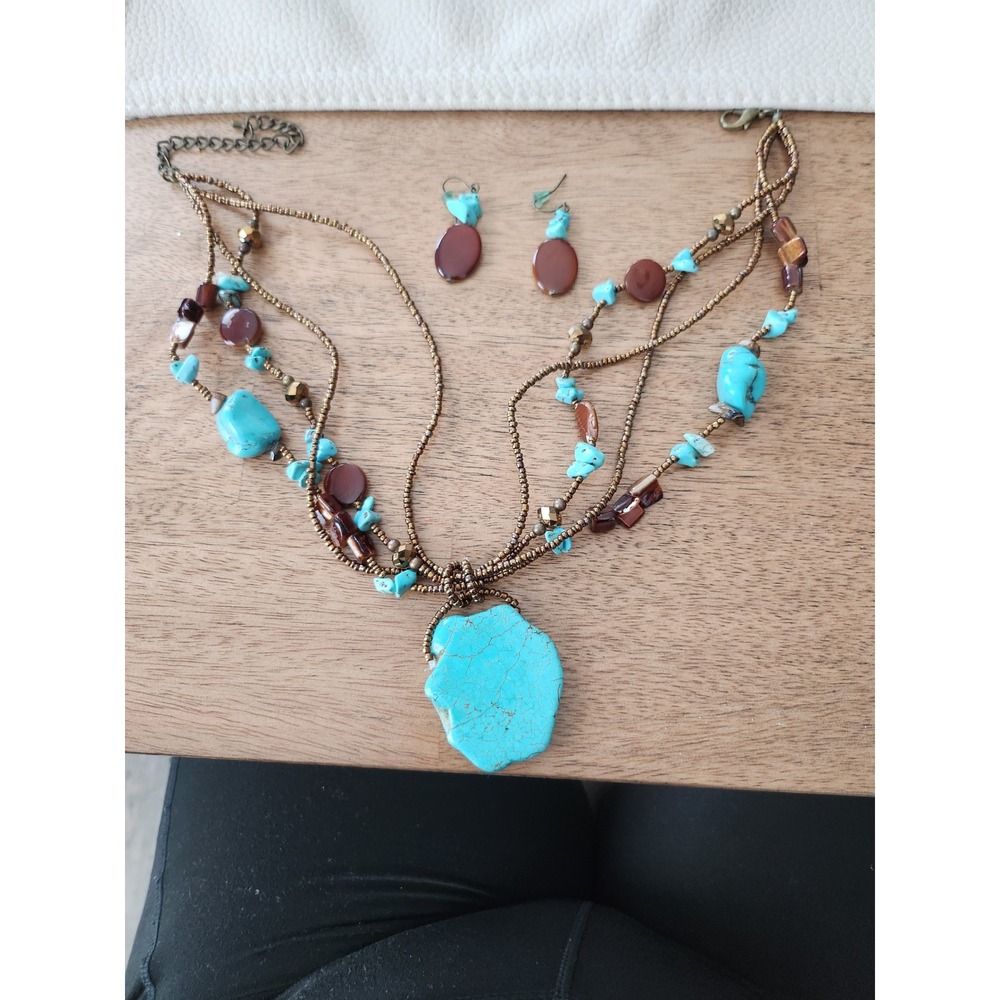 Turquoise Stone Necklace Earrings Set Copper Tone Boho Style Jewelry